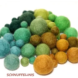 Boules de feutre dans un mélange de 3 tailles, mélange couleurs vertes