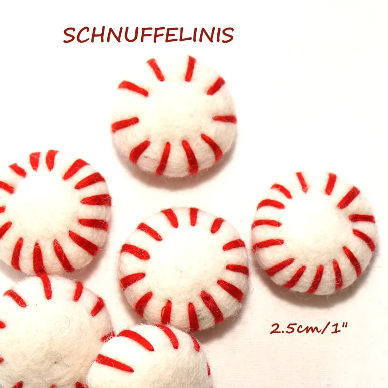 Felt balls, Christmas ornaments, felt peppermint, swirly felt balls