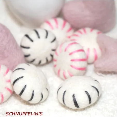 pink felt peppermint patties, Felt balls, Christmas ornaments, pink peppermint