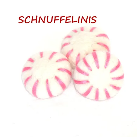 Katzenspielzeug, Pfeffermint Drops rosa weiss, handgefertigte Filz Bonbons