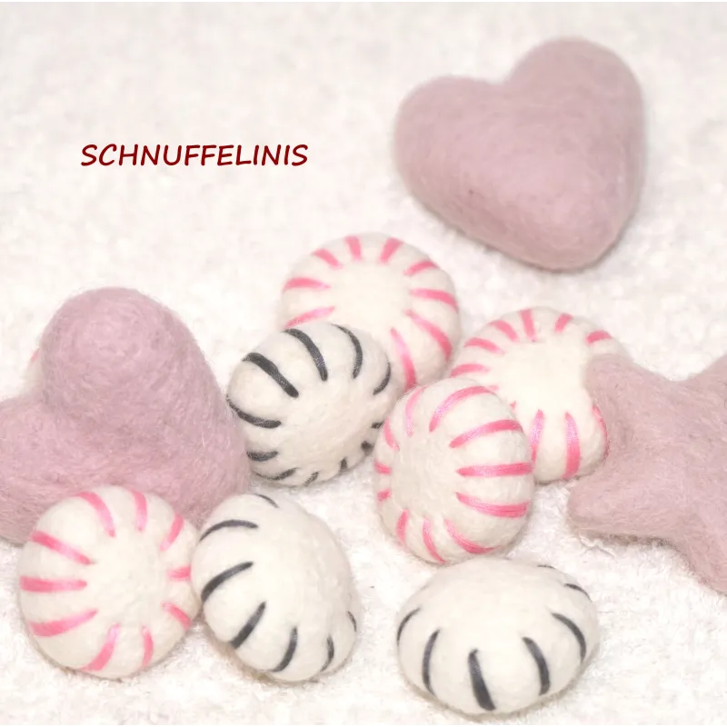 pink felt peppermint patties, Felt balls, Christmas ornaments, pink peppermint