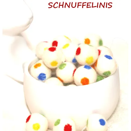 Felt balls with colorful dots, rainbow-colored felt balls in white