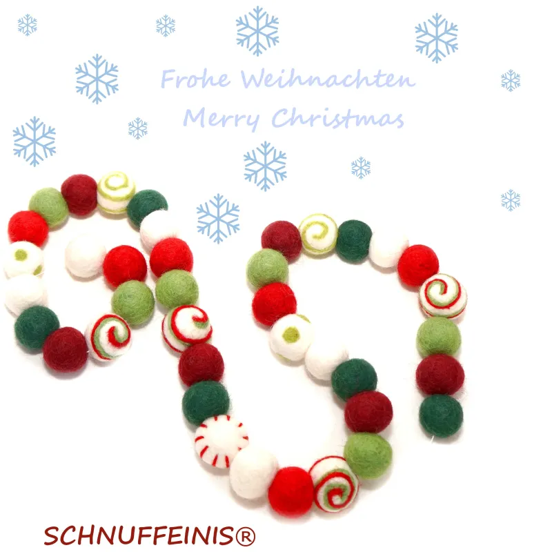 Christmas Felt Ball Garland- Swirls & Pom Poms- Red, Green, White