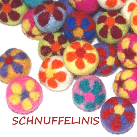 felt balls with flowers, flower felted wool balls, colorful flower pompoms