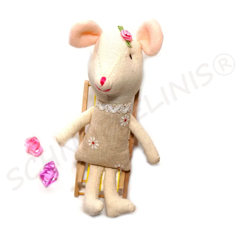 fabric mouse in a beige linen dress, Miniature mouse, Schnuffelinis