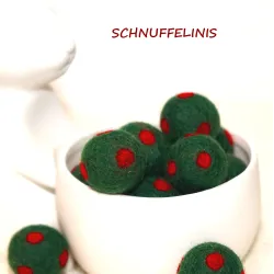green swirly  red felt balls, felt balls, polka dotted felt balls