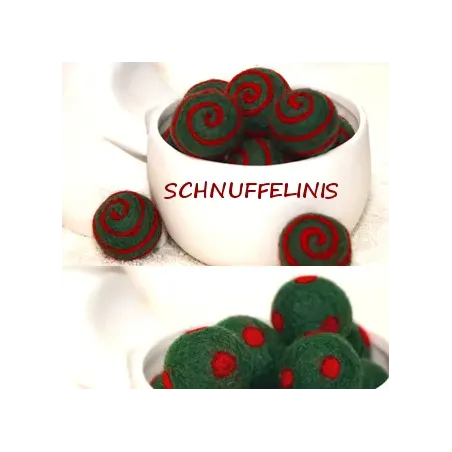 green swirly  red felt balls, felt balls, polka dotted felt balls