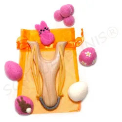 Wooden slingshot girls with eggs, felt pompoms slingshot