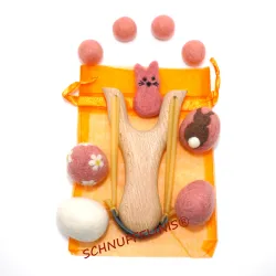 Wooden slingshot with eggs, felt pompoms slingshot