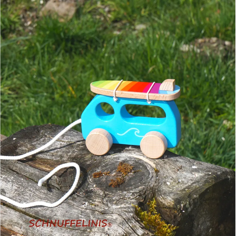 Wooden toy surfer van pull-along car, surfer baby toy, baby car surf