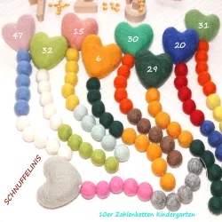 Felt ball counting chain with heart, practise counting to 10, with 2cm