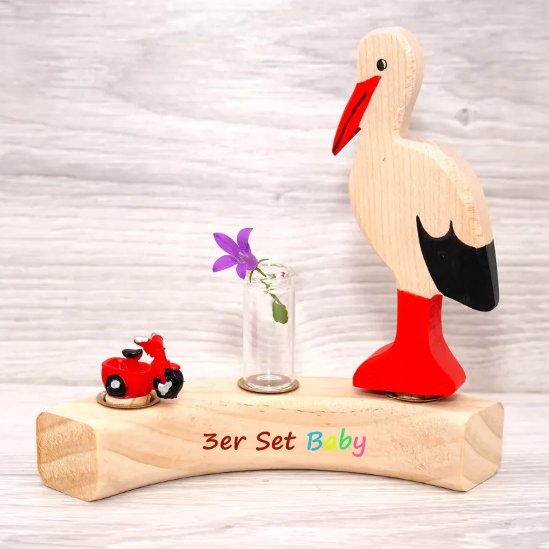 Geburt Baby Storch, Jahresring Holzstecker Set, Baby Geburtsgeschenk