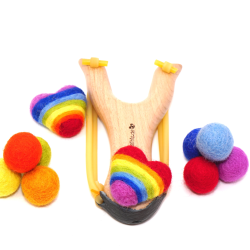 Wooden slingshot rainbow felt balls set