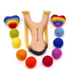 Wooden slingshot rainbow felt balls set