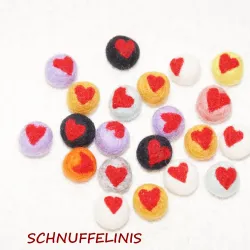 felt balls, felted balls with red hearts, flower power, XOXO