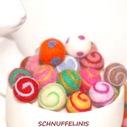 felt balls, felted balls with swirl, colorful felt balls, swirly